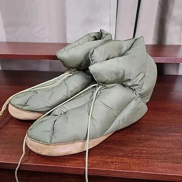 EDDIE BAUER vintage Goose Down Olive Camp Bootie Slippers Leather Soles. - Picture 4 of 12